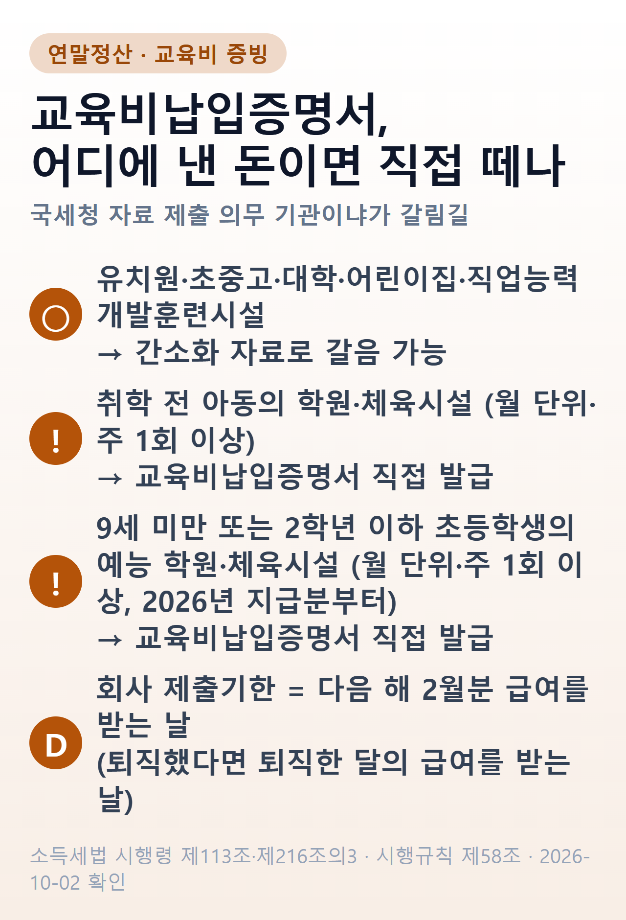 교육비납입증명서가 필요한 곳 — 유치원·학교·어린이집·직업훈련시설은 간소화 자료로 갈음, 취학 전 아동 학원·체육시설과 초등 저학년 예능 학원·체육시설(2026년 지급분부터)은 증명서 직접 발급, 제출기한 다음 해 2월분 급여일